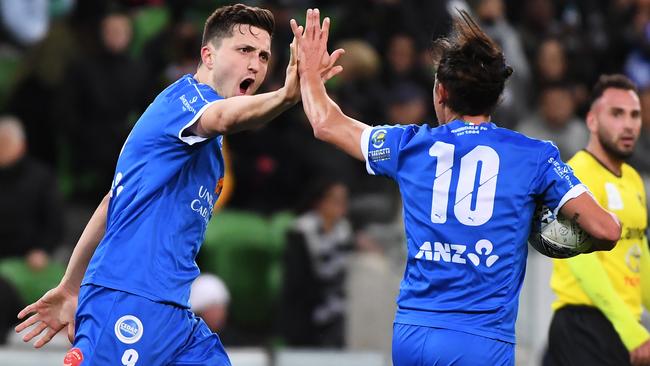Liam Boland celebrates an Avondale goal last year.