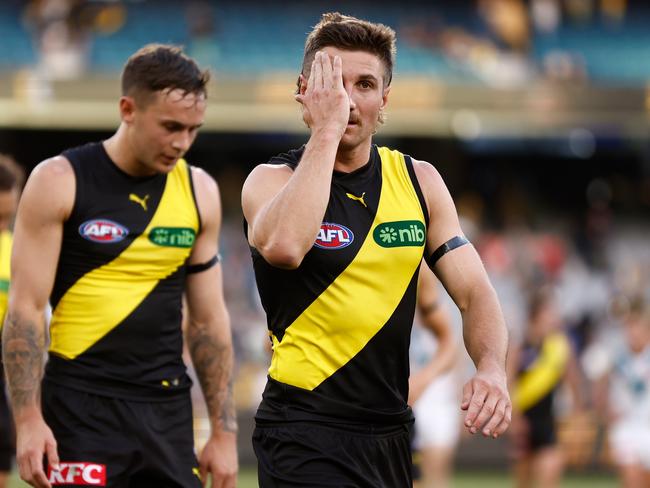 Liam Baker will miss Gather Round. (Photo by Michael Willson/AFL Photos via Getty Images)