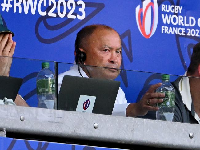 SAINT-ETIENNE, FRANCE - OCTOBER 01: Eddie Jones, Head Coach of Australia, looks on from the coaches box during the Rugby World Cup France 2023 match between Australia and Portugal at Stade Geoffroy-Guichard on October 01, 2023 in Saint-Etienne, France. (Photo by Stu Forster/Getty Images)