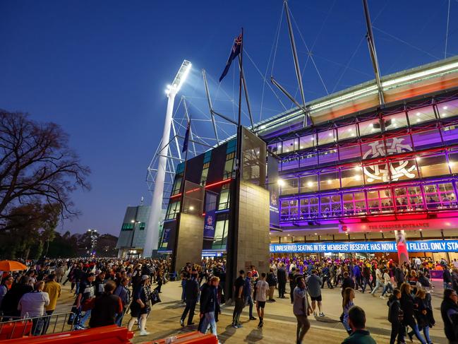 MELBOURNE, AUSTRALIA - SEPTEMBER 15: Fans arrive during the 2023 AFL First Semi Final match between the Melbourne Demons and the Carlton Blues at Melbourne Cricket Ground on September 15, 2023 in Melbourne, Australia. (Photo by Dylan Burns/AFL Photos via Getty Images)