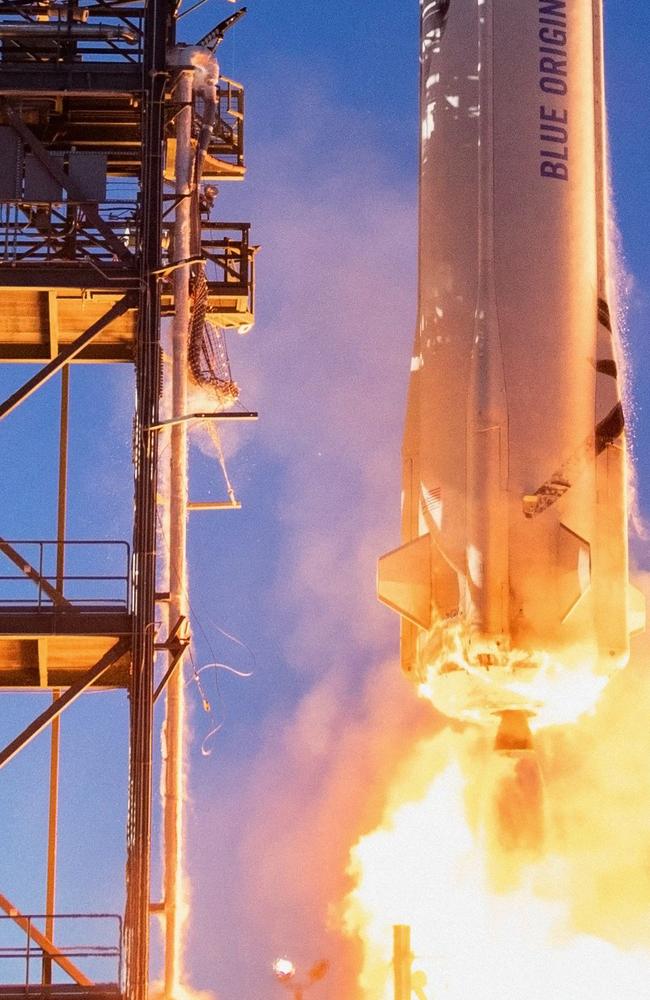 The New Shepard rocket, launching in Texas in May. Picture: Blue Origin/AFP