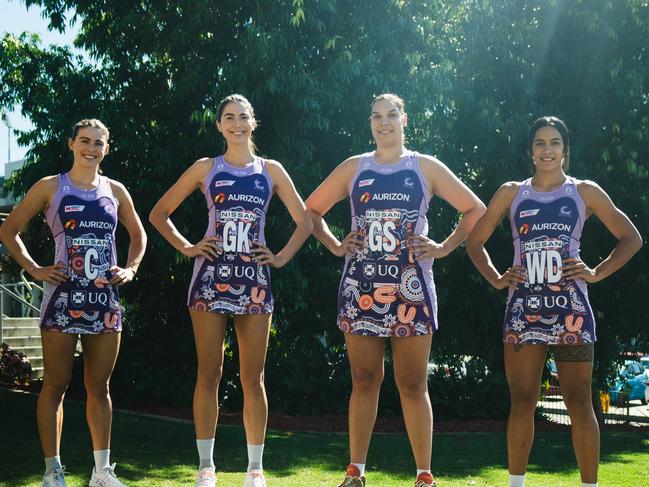 Queensland Firebirds' First Nations Round dress with imagery designed by artist Leah Cummins.