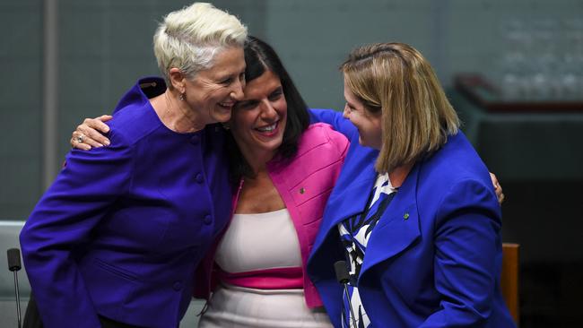 Crossbench MPs Kerryn Phelps, Julia Banks and Rebekha Sharkie got the medical transfer changes through the lower house. Picture: AAP Image/Lukas Coch