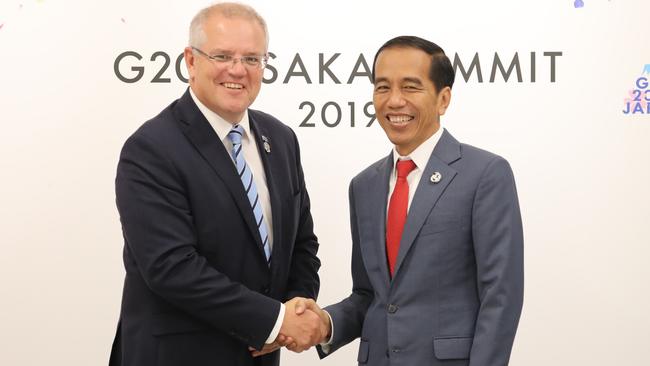 Australian Prime Minister Scott Morrison holds a bilateral meeting with Prime Minister Joko Widodo of Indonesia during the G20 in Osaka, last June. Picture: Adam Taylor