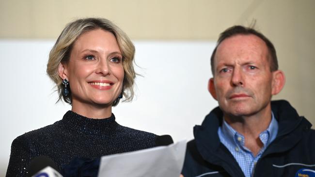 Liberal Candidate for Warringah, Katherine Deves and former Prime Minister Tony Abbott during the concession speech at her election party at Balgowlah Bowling Club. Picture: Jeremy Piper