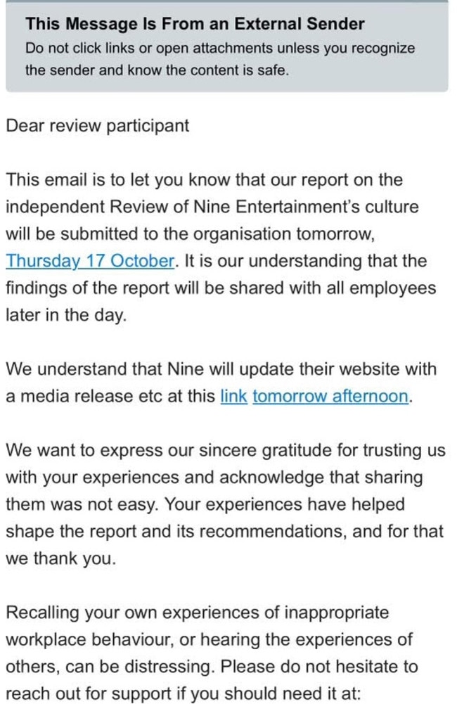 An email to employees, notifying them that the report will be released on Thursday.