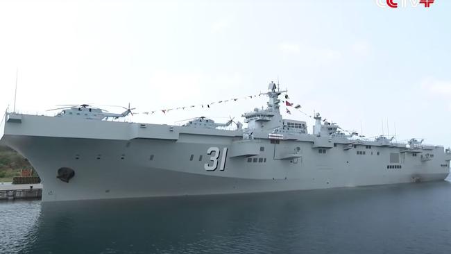 The carrier named Hainan can carry dozens of helicopters and hundreds of troops. Picture: YouTube/CCTV