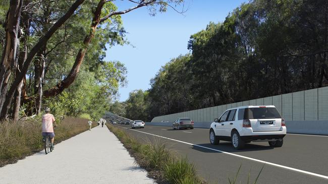 An artist’s impression of upgrade work and a shared path on Wakehurst Parkway, part of Beaches Link. A number of mountain bike trails will be affected by the road upgrade. Picture: NSW Government.