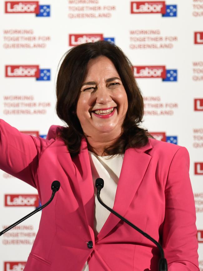 Annastacia Palaszczuk celebrates her victory on election night in October 2020. Picture: NCA NewsWire / Dan Peled