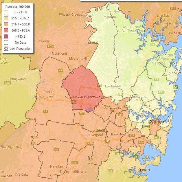 BOSCAR domestic violence map for Sydney for April 2016 to March 2017.