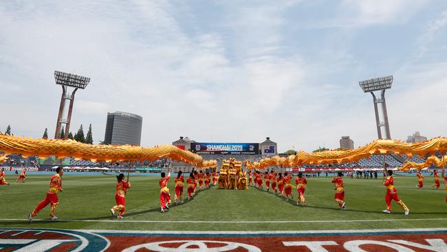 Pre-match entertainment during the 2019 AFL match between the St Kilda Saints and the Port Adelaide Power at Jiangwan Stadium in Shanghai, China. Picture: MICHAEL WILLSON/AFL PHOTOS