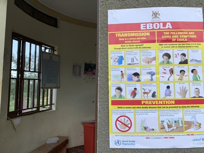 An Ebola-prevention information sign at the Ndaiga Health Centre II, near the shores of Lake Albert and the border with Congo, in Kagadi district, western Uganda. Picture: Ben Wise/International Rescue Committee via AP