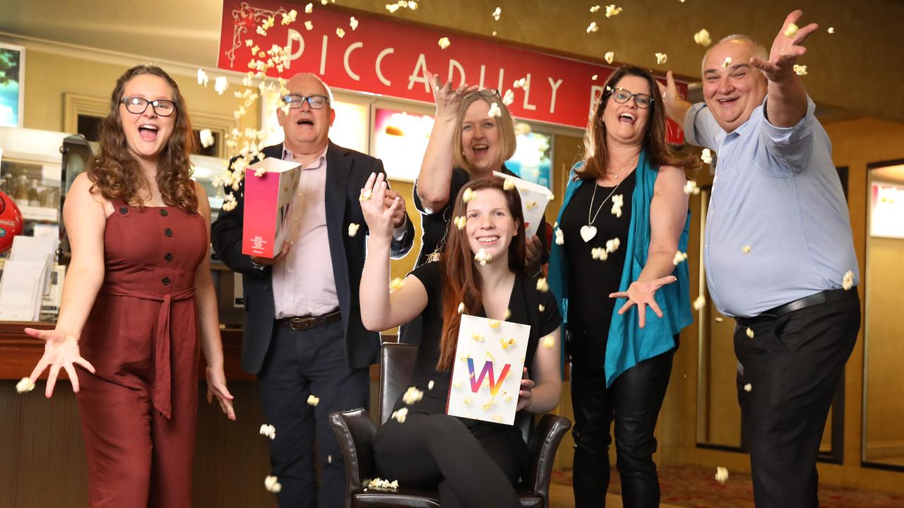 Deanna Wallis (front) with staff and friends Madison Gilbert, Paul Besanko, Vicki Best, Kelly Gilbert and Jim Filipovic. celebrate Wallis Cinemas’ upcoming seventieth birthday. Picture: Dean Martin