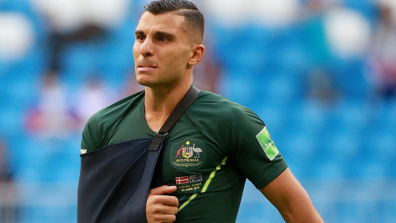 A devasted Andrew Nabbout after he dislocated his shoulder during the 1-1 draw. Picture: Toby Zerna