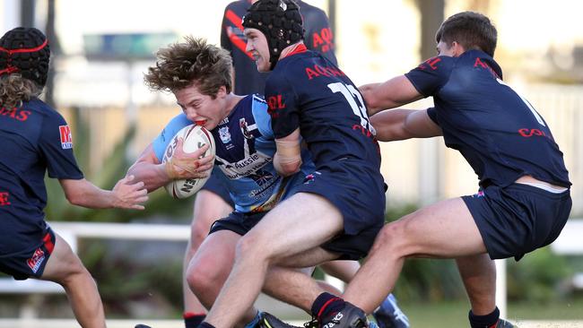 Titans Schools League rugby league clash between Aquinas (Red/Black) vs. Marymount (Blue) at Southport Tigers Rugby League Club. Taj Harris scoring a try. 24 May 2021 Southport Picture Richard Gosling