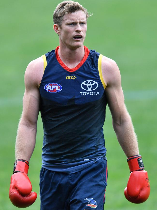 Alex Keath was among a couple of Crows players who didn’t complete full training at Adelaide Oval. Coach Don Pyke said he was being load managed. Picture: AAP Image/David Mariuz