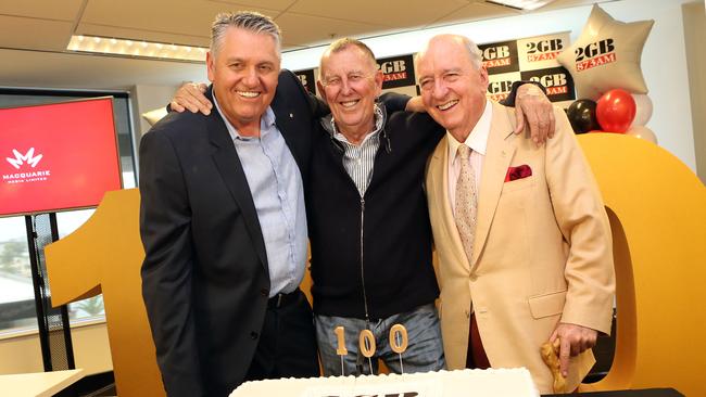 08/11/2016: Ray Hadley, John Singleton and Alan Jones at 2GB in Pyrmont, celebrating 100 consecutive radio ratings wins.Pic by James Croucher