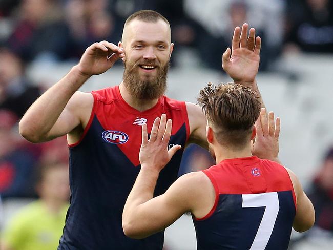 AFL Round 14. 22/06/2019.  Melbourne v Fremantle at the MCG.   Melbourne's Max Gawn  celebrates a goal in the 4th qtr with Jack Viney    .  Pic: Michael Klein