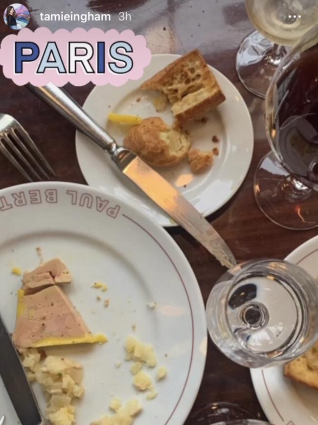 Ingham’s Instagram post of her dinner in Paris.