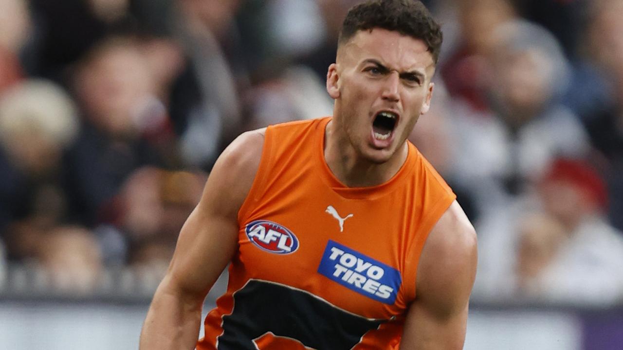 MELBOURNE, AUSTRALIA - SEPTEMBER 09: Jake Riccardi of the Giants celebrates a goal during the Second Elimination Final AFL match between St Kilda Saints and Greater Western Sydney Giants at Melbourne Cricket Ground, on September 09, 2023, in Melbourne, Australia. (Photo by Darrian Traynor/AFL Photos/via Getty Images)