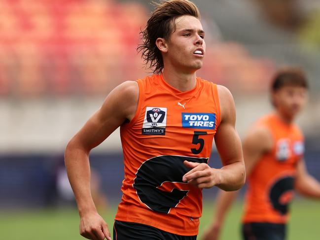 SYDNEY, AUSTRALIA - APRIL 01: Aaron Cadman of the Giants runs during the VFL match between the Greater Western Sydney Giants and Carlton Blues before the round three AFL match between Greater Western Sydney Giants and Carlton Blues at GIANTS Stadium, on April 01, 2023, in Sydney, Australia. (Photo by Mark Kolbe/Getty Images)