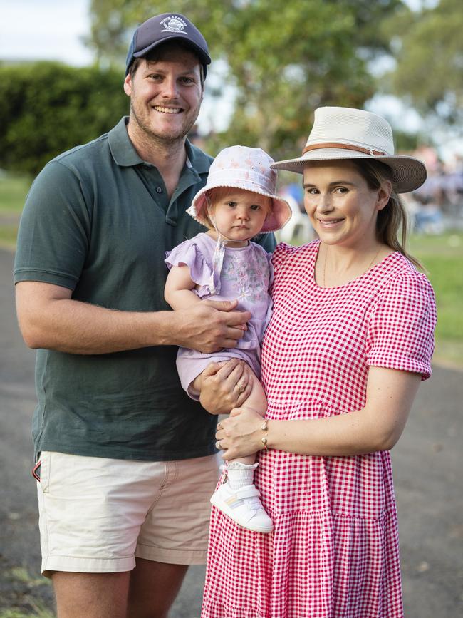 Sixteen-month-old Margot with her parents Andrew and Lexi Whiteside at the Toowoomba Royal Show, Friday, March 31, 2023. Picture: Kevin Farmer