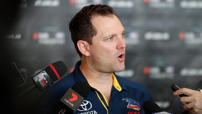 Crows list manager Justin Reid, speaks with media during the NAB Trade Period at Marvel Stadium. Picture: Michael Willson/Getty