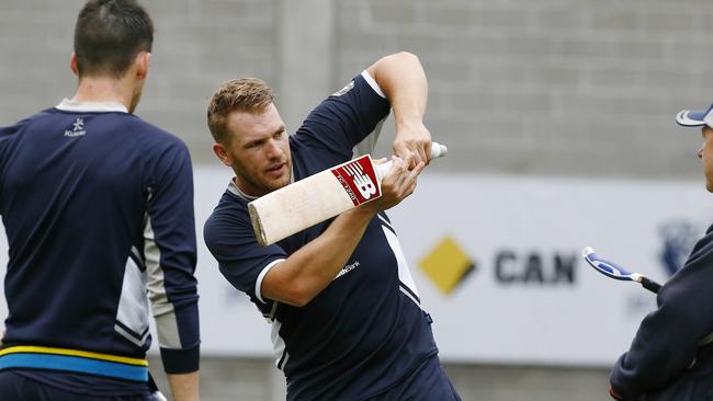 Victorian Bushrangers star Aaron Finch was the first batsman to hit the nets at training. Picture: Wayne Ludbey