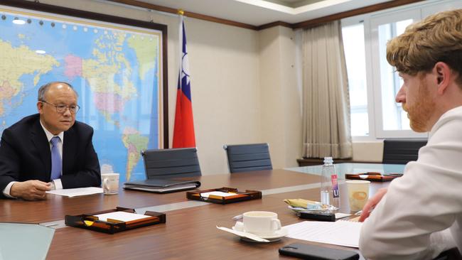 Taiwanese Trade Minister John Deng in conversation with The Australian's Will Glasgow. Picture: Rosaline Walters