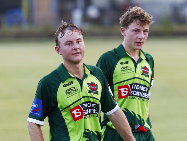 Brothers Henry King and Tommy King walk from the crease at the end of the over in the Cricket Far North first grade 40 over match between the Cairns Rovers and Norths, held at Griffiths Park, Manunda. Picture: Brendan Radke