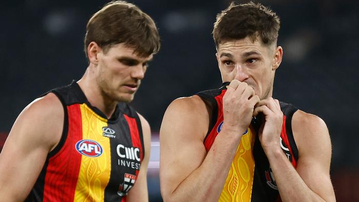 MELBOURNE, AUSTRALIA - MAY 18: Jack Steele of the Saints looks dejected after a loss during the 2024 AFL Round 10 match between Euro-Yroke (St Kilda) and Walyalup (Fremantle) at Marvel Stadium on May 18, 2024 in Melbourne, Australia. (Photo by Michael Willson/AFL Photos via Getty Images)