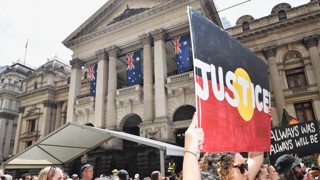 The Invasion Day protest passes through Melbourne’s CBD. Picture: Jason Edwards