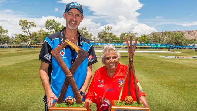 Jason Gillespie and Faith Thomas with the trophies that are named after them. Photo: EMMA MURRAY