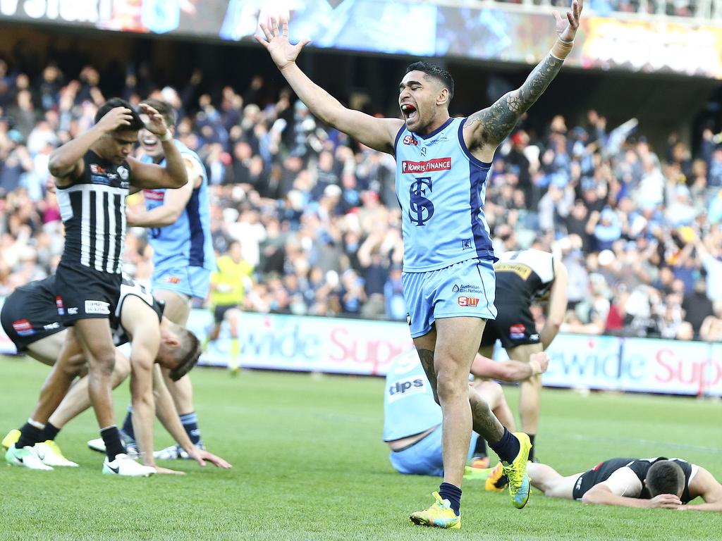 SANFL - Grand Final - Port Adelaide v Sturt at Adelaide Oval. Byron Sumner celebrates on the siren. Picture Sarah Reed