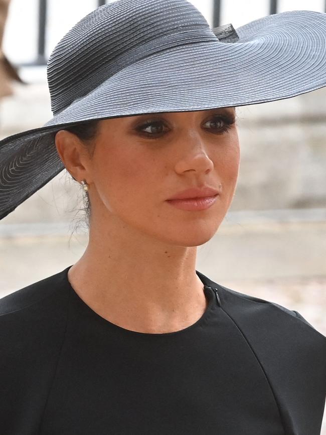 Meghan, Duchess of Sussex arrives at Westminster Abbey for Queen Elizabeth II’s state funeral. Picture: Geoff Pugh / POOL / AFP