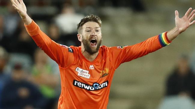 CANBERRA, AUSTRALIA - DECEMBER 22: Andrew Tye of the Perth Scorchers appeals for caught behind during the Big Bash League match between the Sydney Thunder and the Perth Scorchers at Manuka Oval, on December 22, 2020, in Canberra, Australia. (Photo by Darrian Traynor/Getty Images)