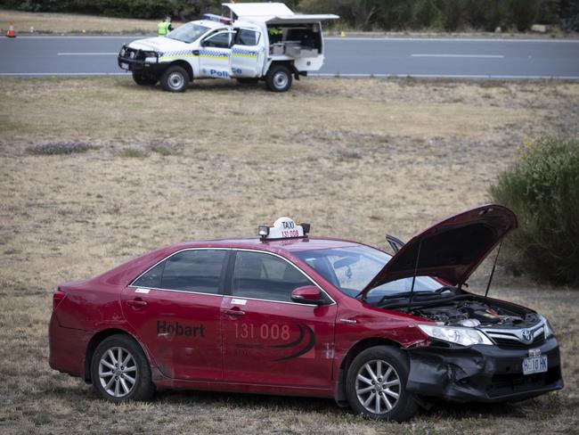 The crashed taxi near the Mornington roundabout. Picture: LUKE BOWDEN