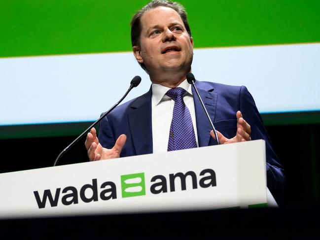 World Anti-Doping Agency (WADA) Director General Olivier Niggli delivers a speech at the opening of the two-day annual symposium in Lausanne. Picture: Fabrice Coffrini / AFP