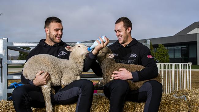 Penrith Panthers players Kaide Ellis (left) and Isaah Yeo at the announcement of the Panthers' $200,000 donation to The Big Dry Drought Appeal. Picture: Penrith Panthers