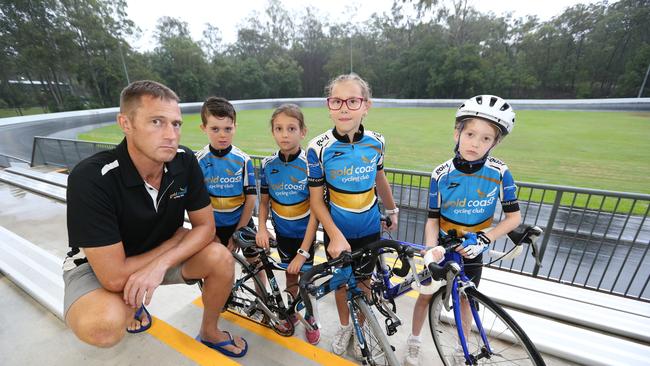 The Gold Coast Cycling Club president Dom Verstreken with children from the Junior Squd  Lucas Dillon 7, Amy Campbell, 8, Mackenzie Smith, 8, and Emily Keppie, 8. Picture: Mike Batterham