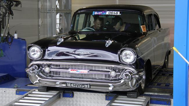 Andrew and Wendy McCrae's 57 Chevrolet Belair two door on the Insane Performance chassis dyno at Rockynats. Picture: Rodney Stevens