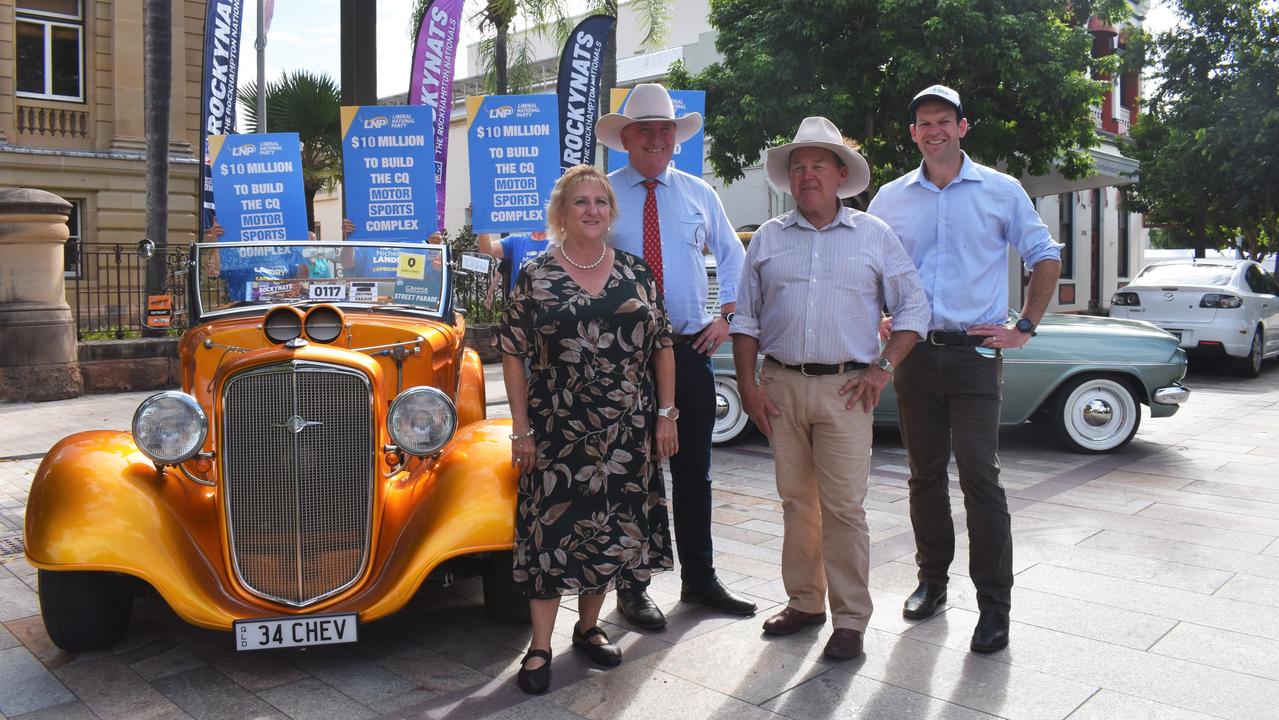 Capricornia MP Michelle Landry, Deputy Prime Minister Barnaby Joyce, Flynn LNP Candidate Colin Boyce and Senator Matt Canavan announce $10 million for a motorsports complex outside of Rockhampton.