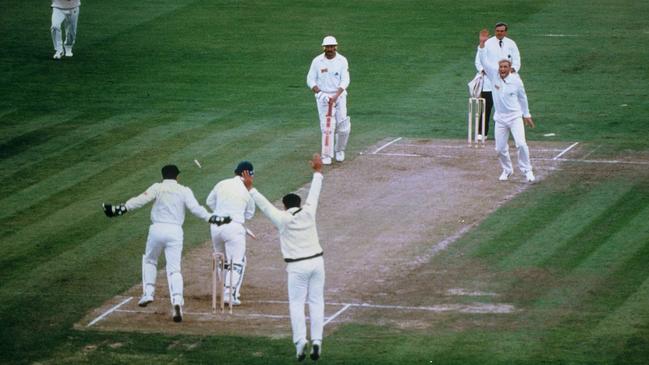 Australian cricketer Shane Warne bowls out England's Mike Gatting with his first ball on English turf during the First Test at Old Trafford, Manchester in 1993.