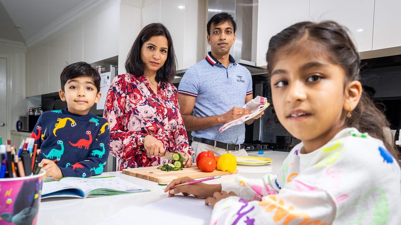 Budget. At home with the Dhariwal family. Parents Deepali and Sourabh with children Ayansh (5) and Arishka (9). Picture: Jake Nowakowski