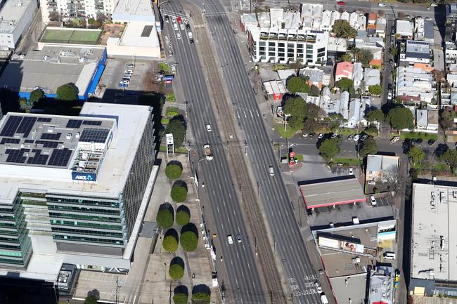 Aerial pictures of empty roads in Melbourne as strict stage 4 lockdowns are enforced. Kings Way in South Melbourne. Aaron Francis/The Australian