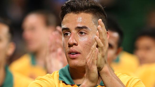 PERTH, AUSTRALIA - SEPTEMBER 03: Chris Ikonomidis of Australia acknowledges the supporters after winning the 2018 FIFA World Cup Qualification match between the Australian Socceroos and Bangladesh at nib Stadium on September 3, 2015 in Perth, Australia. (Photo by Paul Kane/Getty Images)