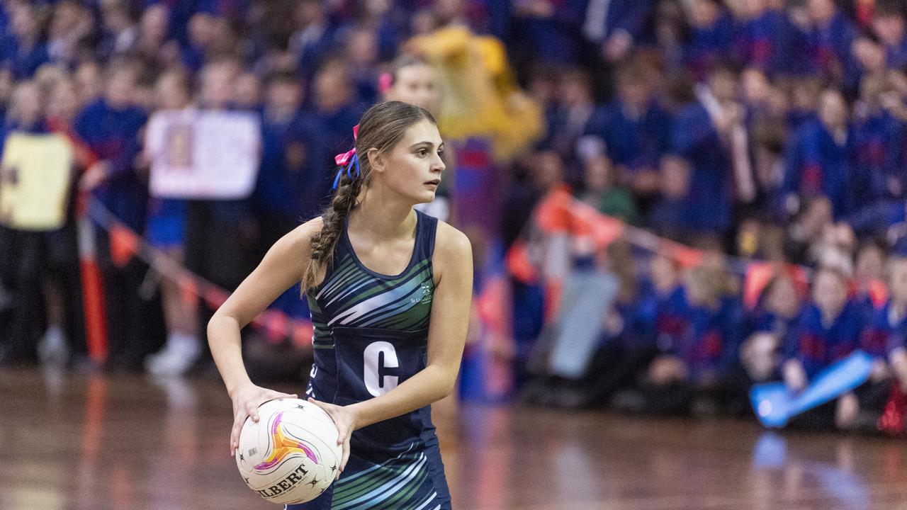 Georgia McAuliffe of St Ursula's Senior A against Downlands First VII in Merici-Chevalier Cup netball at Salo Centre, Friday, July 19, 2024. Picture: Kevin Farmer