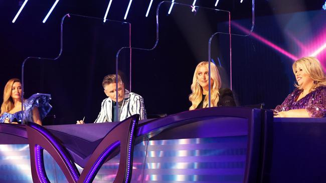 The perspex dividers are back between the judges despite moving the third season of The Masked Singer Australia from Melbourne to try to dodge Covid. Picture: Nigel Wright.