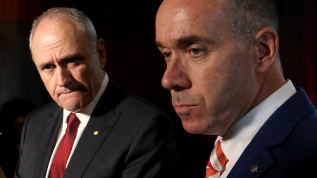 NAB Chairman Ken Henry and CEO Andrew Thorburn. Picture: David Geraghty 