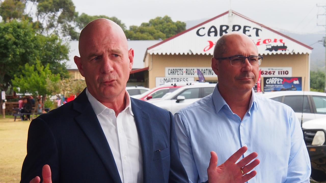 Tasmanian Premier Peter Gutwein with Liberal candidate for the Legislative Council division of Huon, Aldo Antolli, at the Margate Train on Sunday, February 27, 2022.